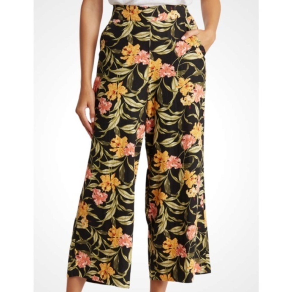 Kensie Linen Blend Black Floral High Waist Wide-Leg Cropped Pants Pockets Medium